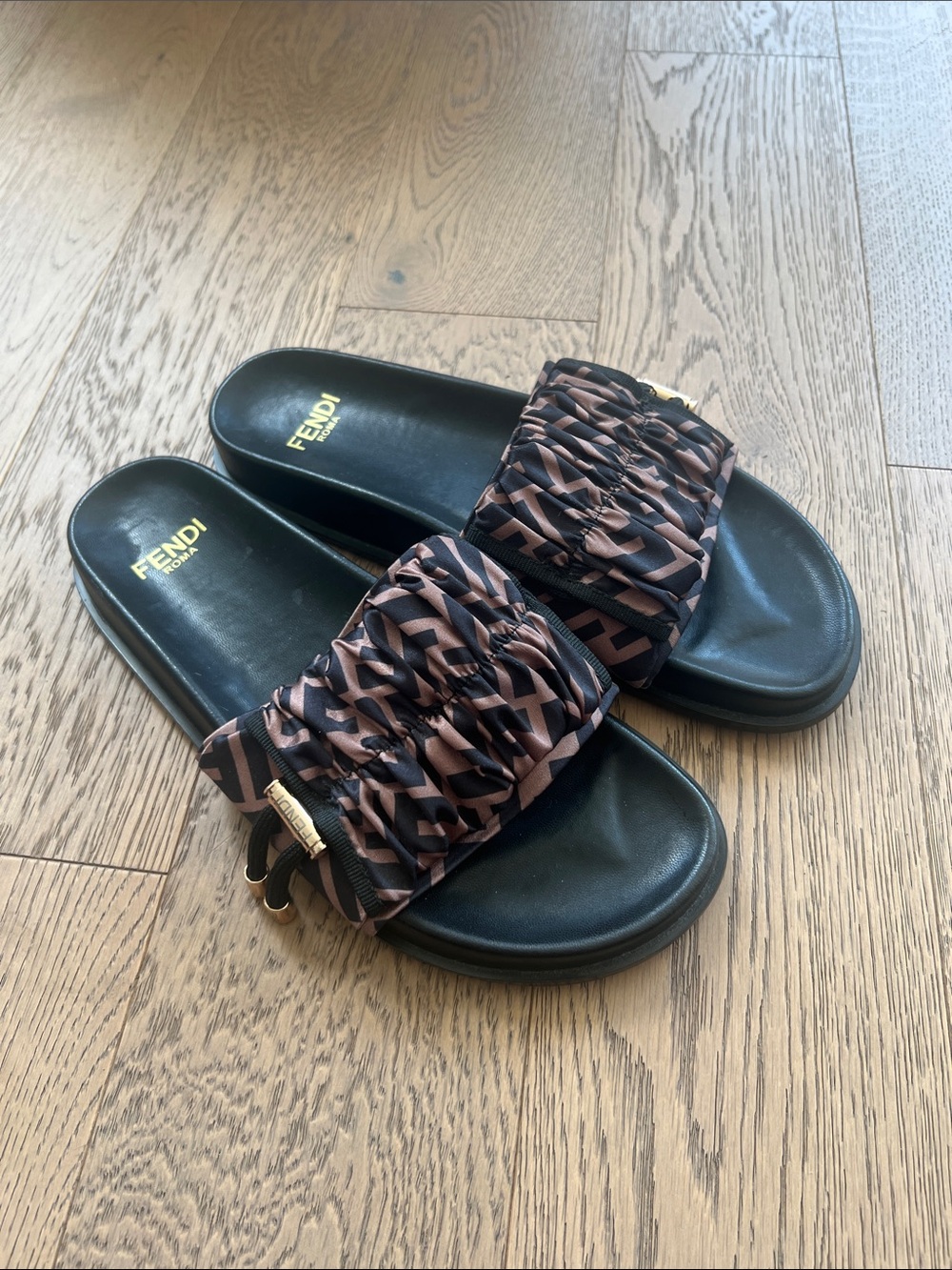Fendi Black Slides with Brown Logo-Print Ruched Strap